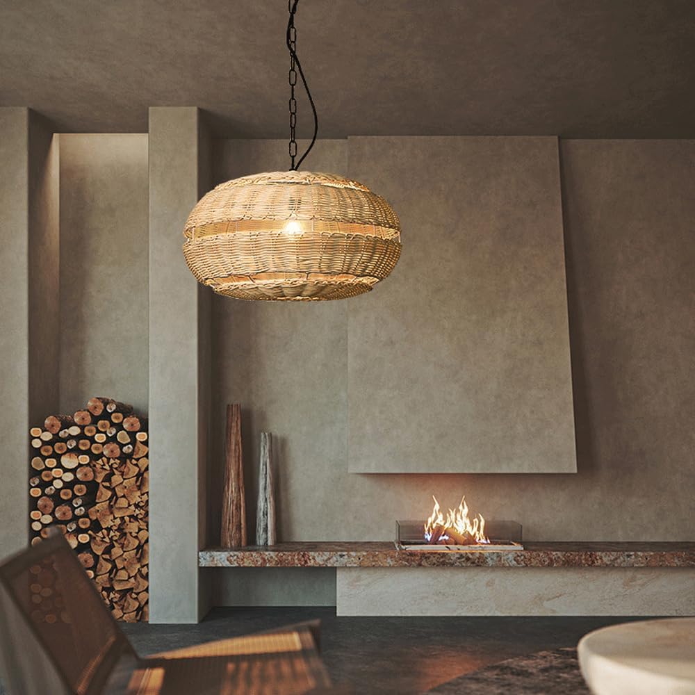 Audara-10in Woven Rattan Pendant Light Bohemian & Wabi-Sabi Style Multi-Functional Ceiling Light Fixture Suitable for Bedrooms, Hotels, Study Rooms, Dining Areas, Entryways, and More Retro Lamp
