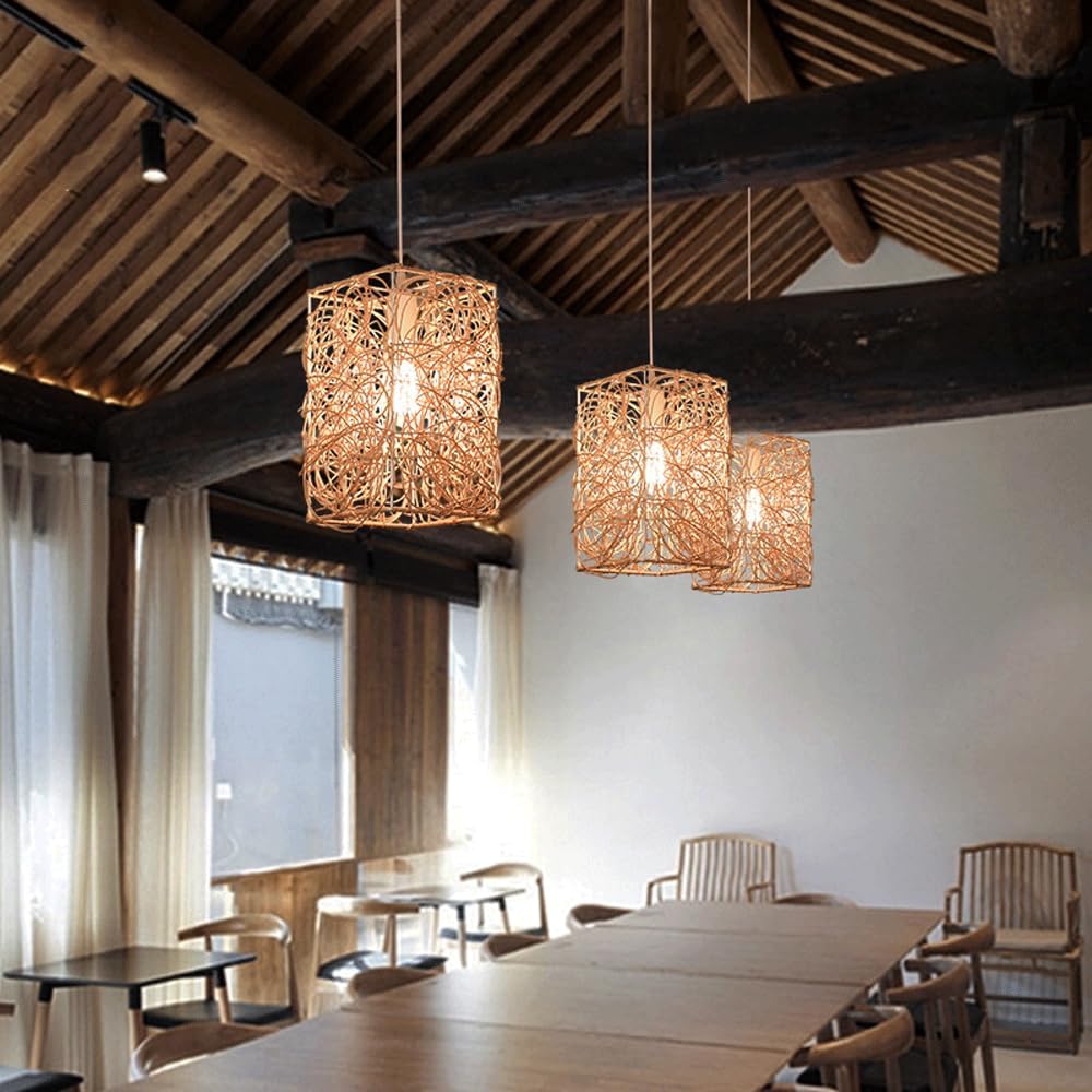 Audara-7-inch Square Woven Pendant Light Metal Frame Paired with Rattan Material Fresh and Elegant Appearance Retro Without Being Old-Fashioned Bohemian Ceiling Light Fixture