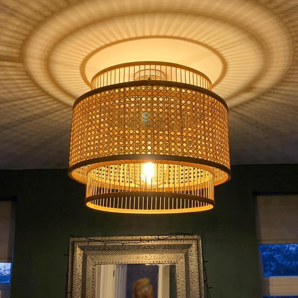 Audara-14in Woven Rattan Pendant Light Bohemian & Wabi-Sabi Style Multi-Functional Ceiling Light Fixture Suitable for Bedrooms, Hotels, Study Rooms, Dining Areas, Entryways, and More Retro Lamp