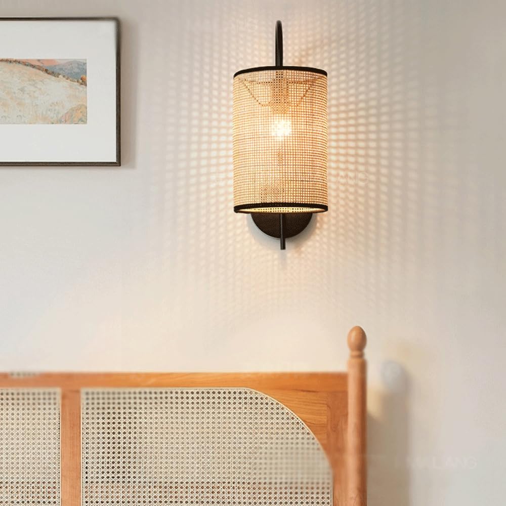 Audara-Bedroom Bedside Hand Woven Wall Lamp Wabi-sabi Style Vintage Rattan Wall Lights Living Room Backdrop Ambiance Sconces Aisle Hallway Single Head Mounted Lighting Fixture