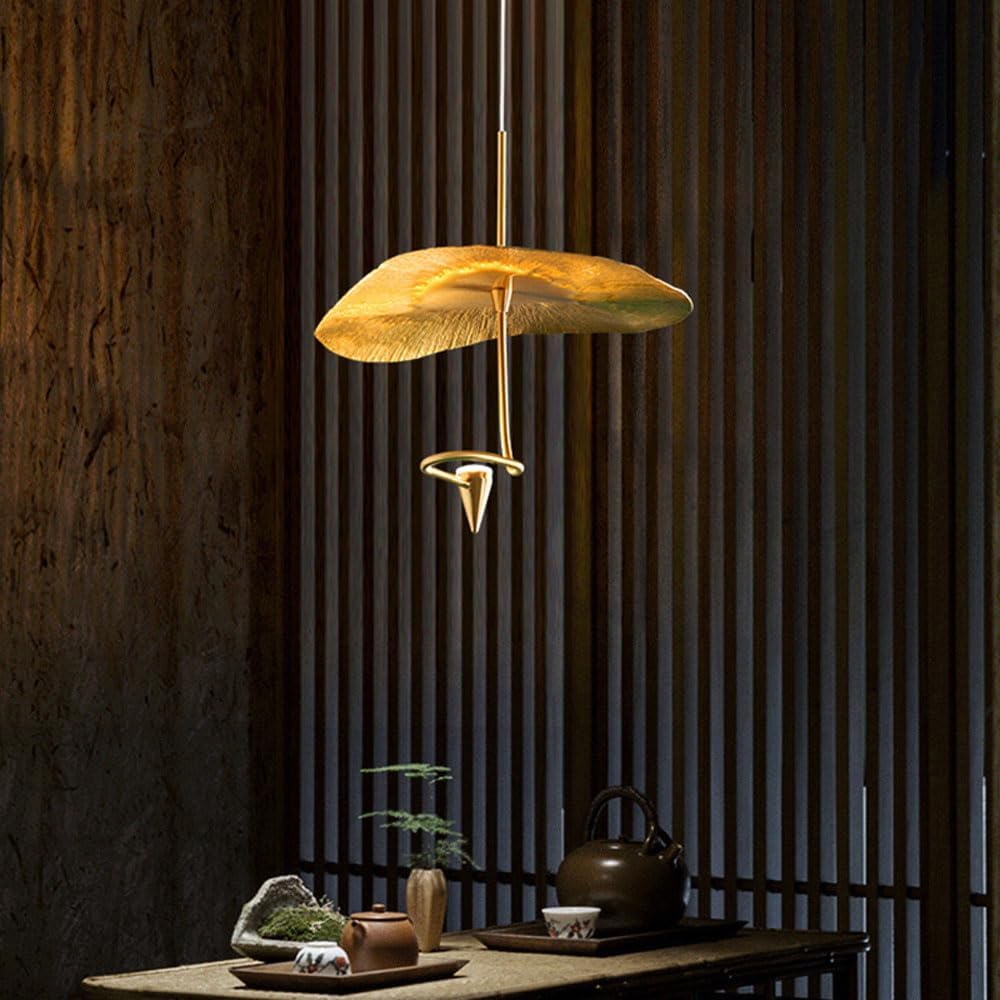 Audara-Postmodern Pendant Light, Creative Designer Villa Duplex Staircase Hanging Lamp, Zen Tea Room Personalized Art Lotus Leaf Chandeliers, Copper Natural Color Lighting Fixture