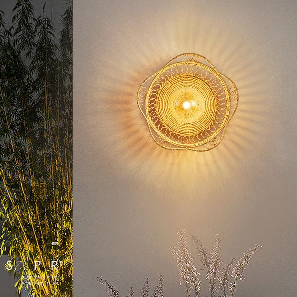 Audara-Original Bamboo Woven Wall Lamp Chinese Bamboo Art Simple Wall Lights Japanese Zen Tea Room Restaurant Sconces Hand Woven 11.42in Art Mounted Lighting Fixture