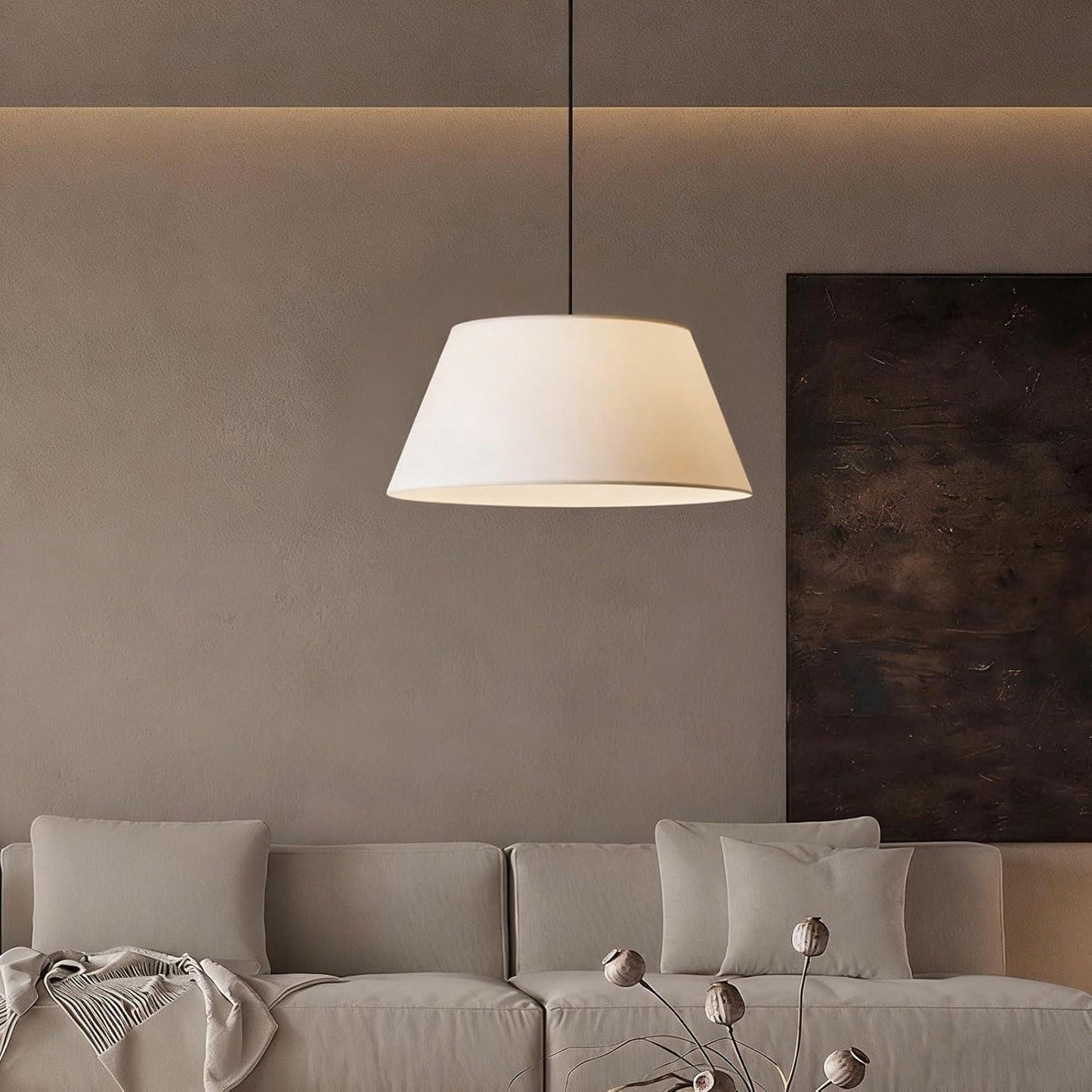 Audara 20in White Fabric Drum Pendant Light, Three-Color dimmable LED Fabric Chandelier, Suitable for bedrooms, Living Rooms, Dining Rooms, and Kitchen Islands Drum Light Fixture