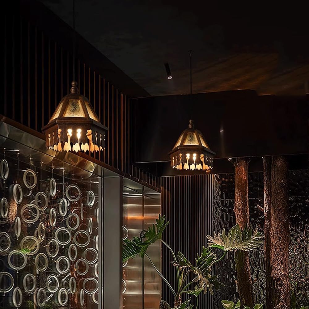 Audara-Southeast Asian Style, 7-inch Diameter, Wood and Glass Retro-Style Pendant Light, Suitable for Bedrooms, Hotels, Shops, Living Rooms, Dining Rooms and Other Styles.