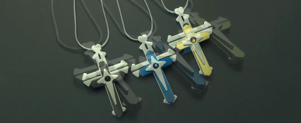 Collar cruzado Audara de acero de titanio dividido de 3 capas – Colgante de trinquete interactivo para alivio del estrés (azul/negro/amarillo)