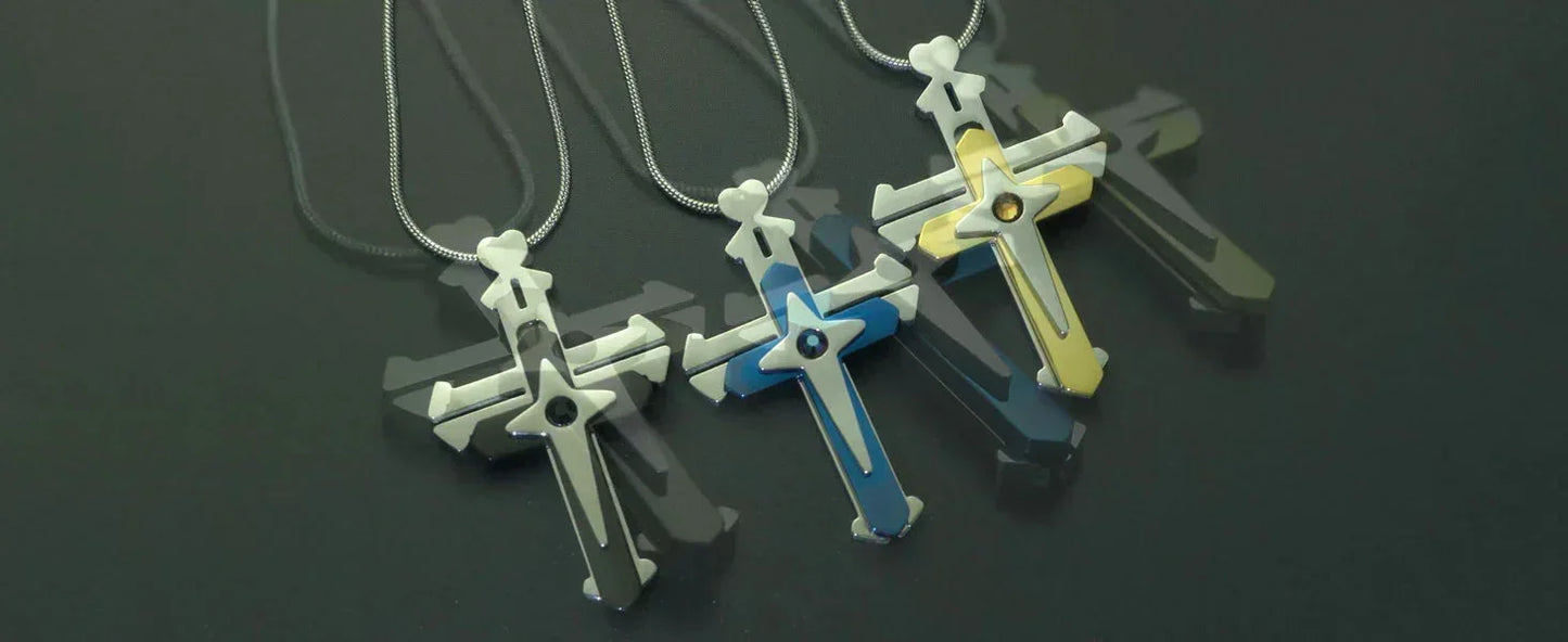 Audara Titanium Steel Fidget Necklace | 3-Layer Rotatable Cross Pendant | Stress Relief | Blue/Black/Yellow