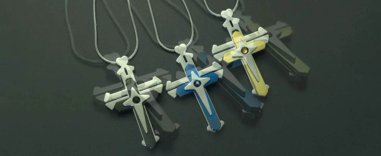 Audara Titanium Steel Fidget Necklace | 3-Layer Rotatable Cross Pendant | Stress Relief | Blue/Black/Yellow