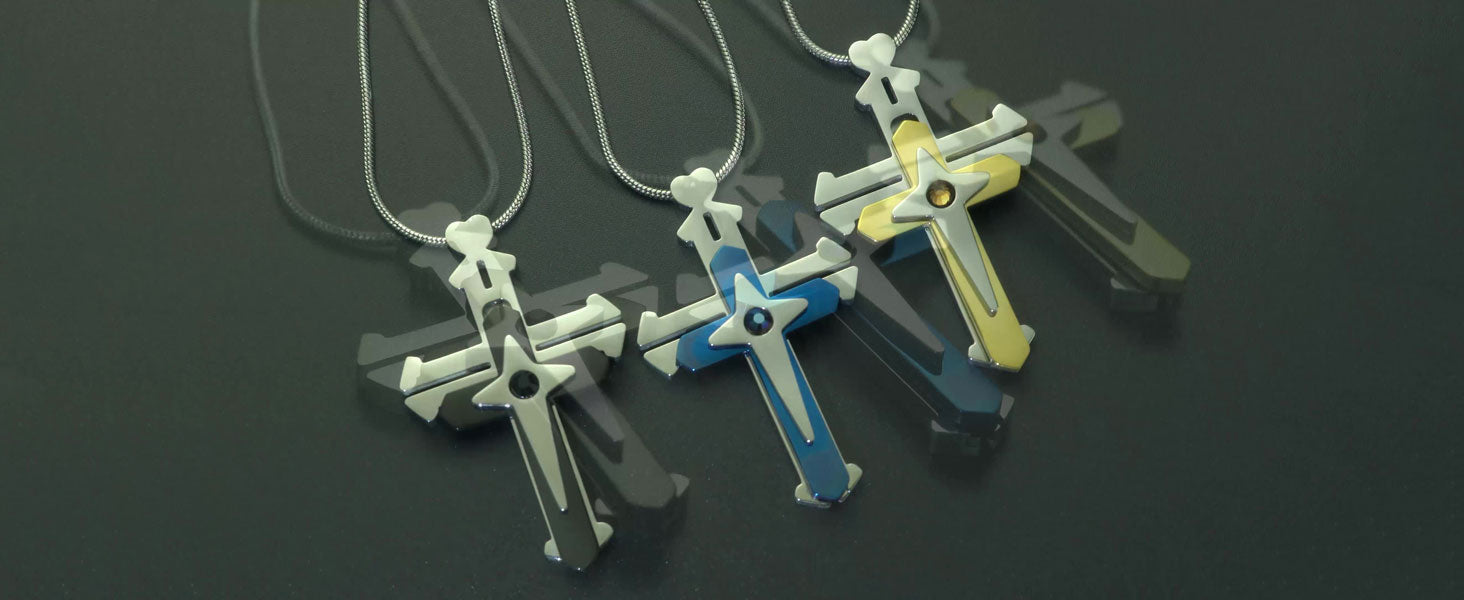 Collier anti-stress Audara avec pendentif croisé interactif en acier inoxydable titane à 3 couches et cliquet (Bleu/Noir/Jaune)