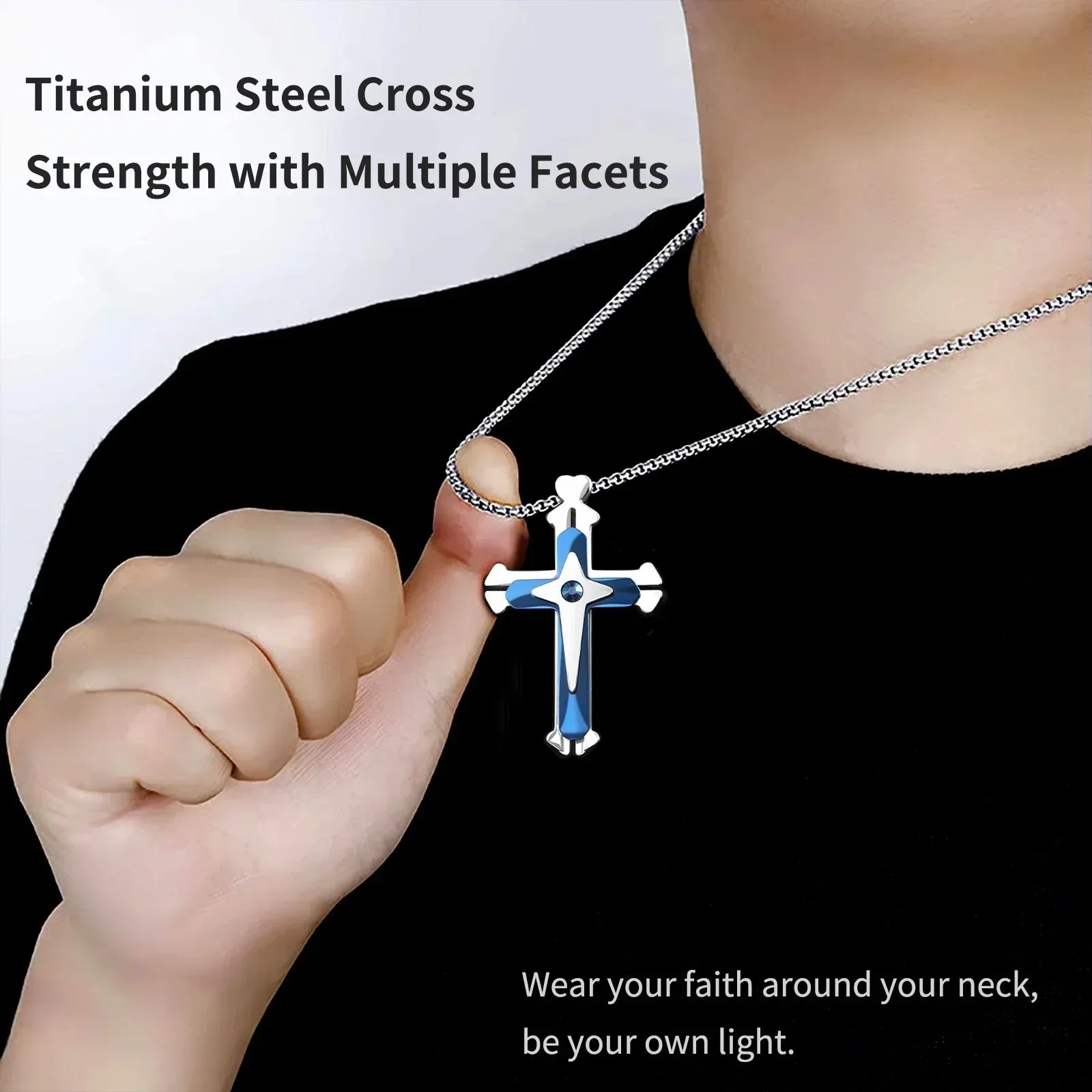 Audara Titanium Steel Fidget Necklace | 3-Layer Rotatable Cross Pendant | Stress Relief | Blue/Black/Yellow
