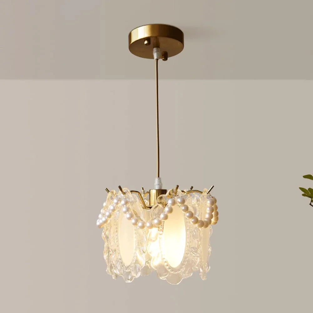 Audara-French Luxury Pearl Glass Pendant Light Warm Romantic Bedroom Bedside Hanging Lamp7.78in Living Room Sofa Background Wall Decoration Chandeliers Restaurant Cafe Front Desk Lighting Fixture