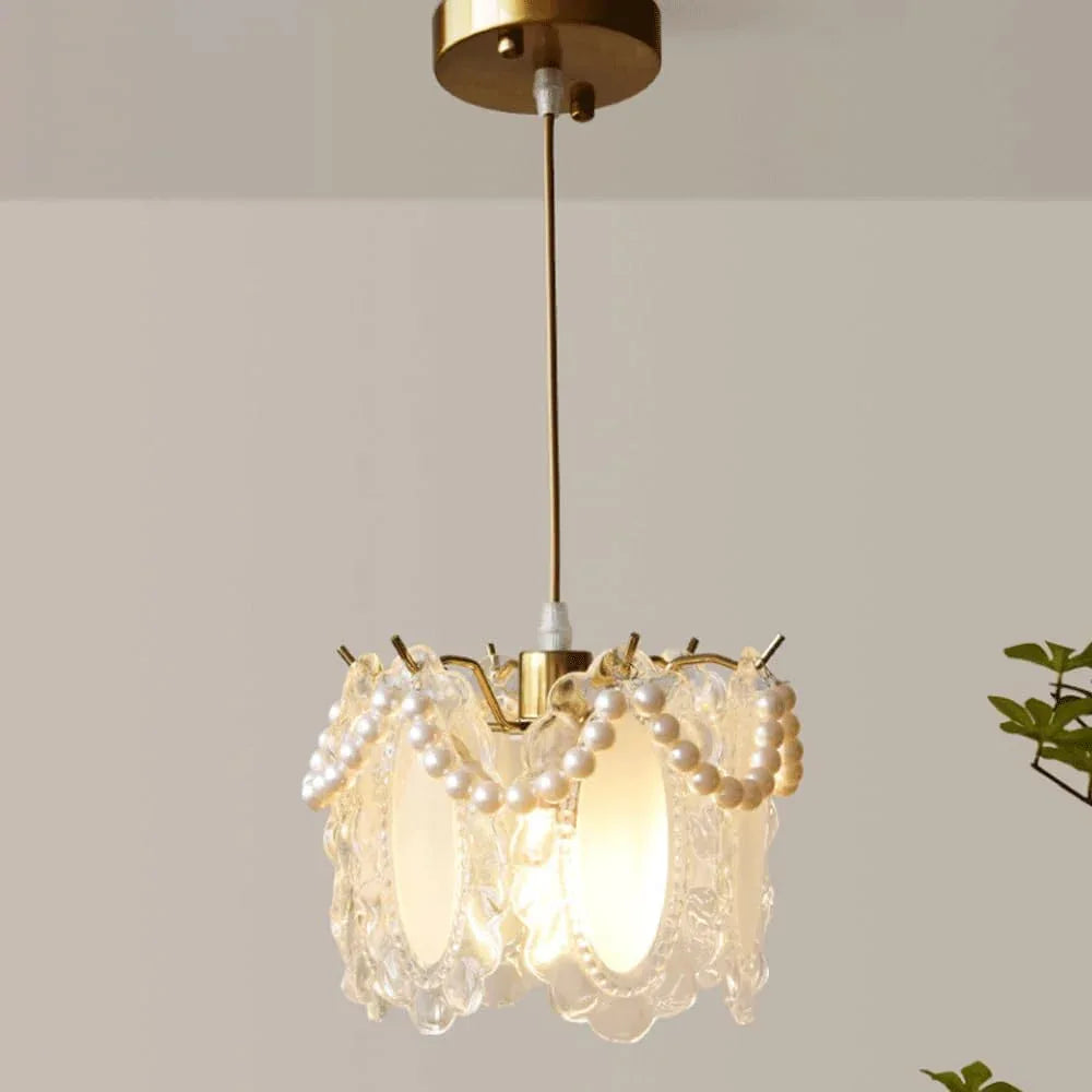 Audara-French Luxury Pearl Glass Pendant Light Warm Romantic Bedroom Bedside Hanging Lamp7.78in Living Room Sofa Background Wall Decoration Chandeliers Restaurant Cafe Front Desk Lighting Fixture