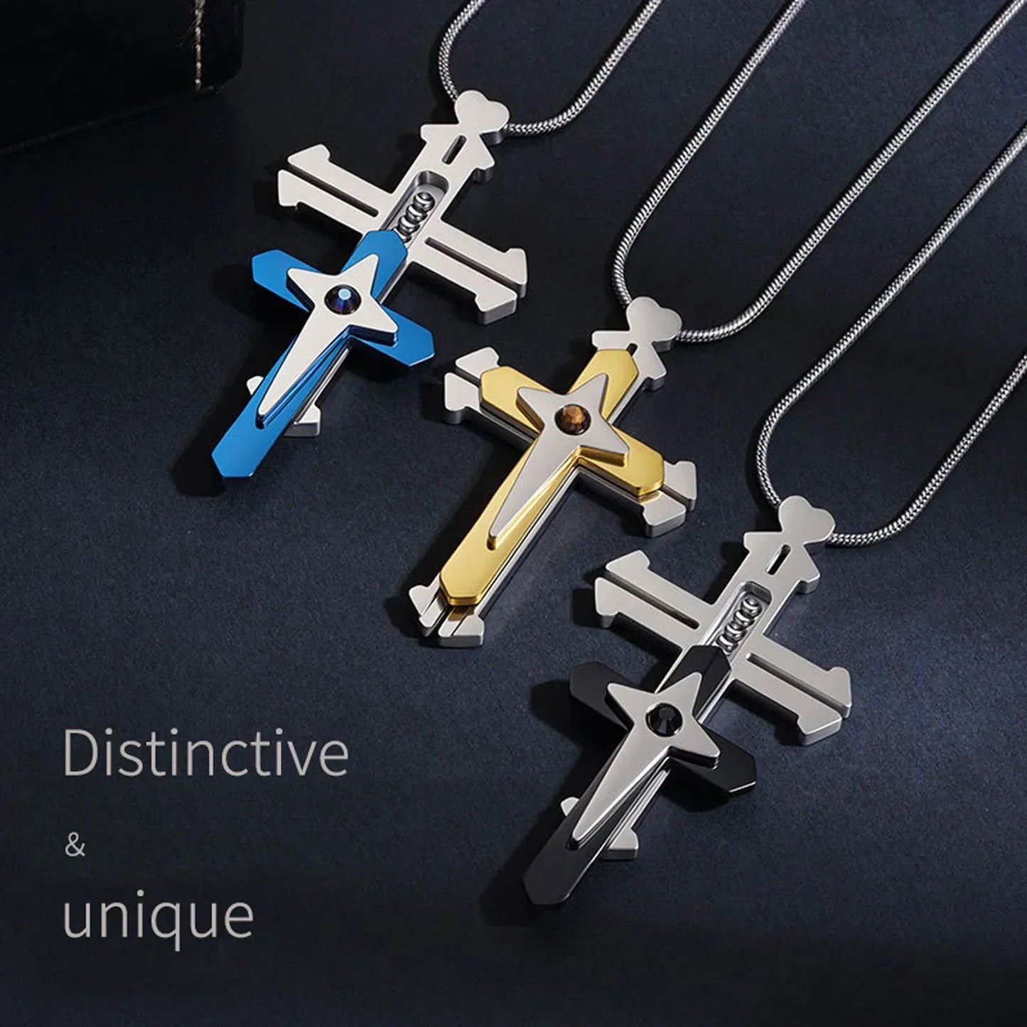 Audara Titanium Steel Fidget Necklace | 3-Layer Rotatable Cross Pendant | Stress Relief | Blue/Black/Yellow