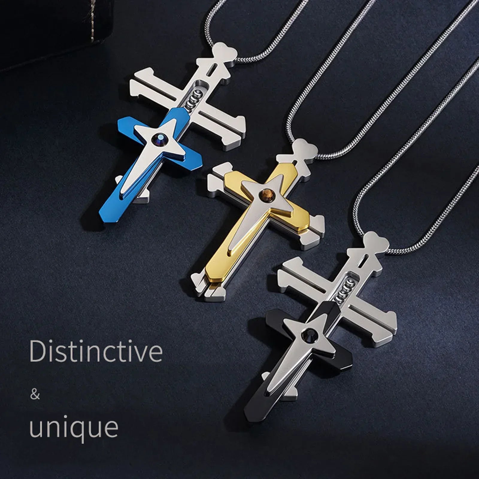 Audara Titanium Steel Fidget Necklace | 3-Layer Rotatable Cross Pendant | Stress Relief | Blue/Black/Yellow
