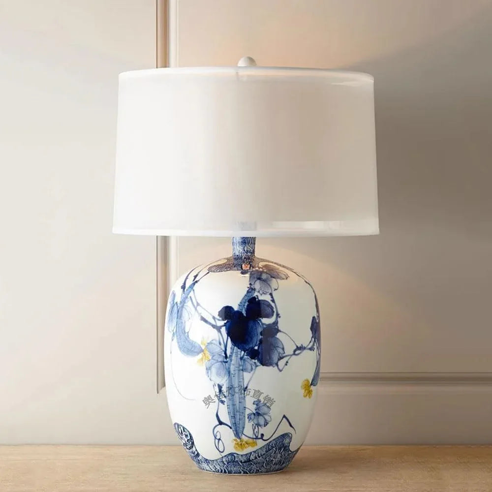Audara-New Chinese Creative Living Room Bedroom Office Desk Light Classical Elegant Fabric Ceramic Desk Lamp Farmhouse Villa Club Table Lamp Hotel Cafe Restaurant Decoration Lighting Fixture