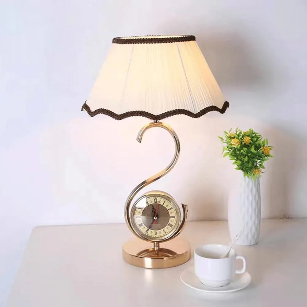 Audara-European Customised With Clock Handmade Fabric Desk Light Classic Luxury Bedroom Bedside Desk Lamp Study Room Living Room Office Table Lamp B&B Hotel Front Desk Coffee Shop Restaurant Lighting Fixture