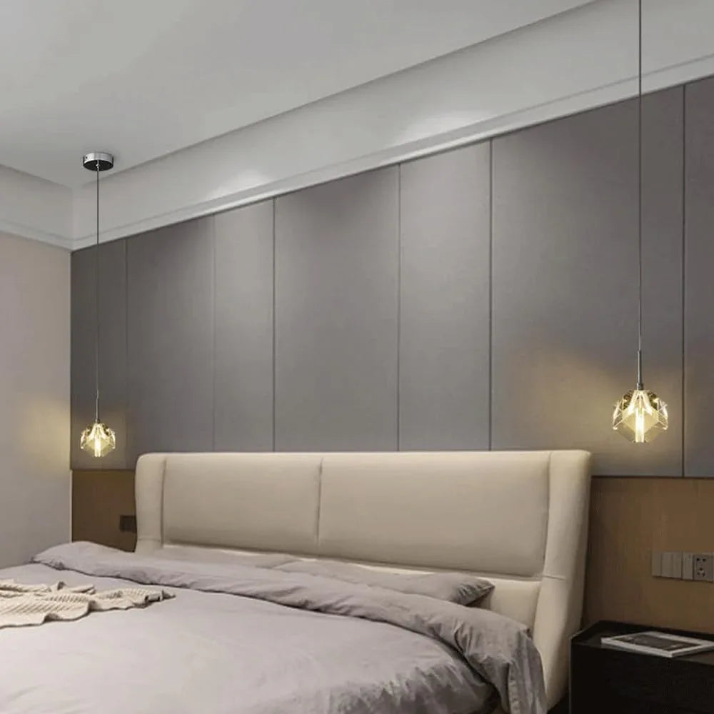 Audara-Crystal Pendant Light, 3.15 Inches, Three Colors Available, Cube Shape, A Modern Small Bedside Lamp Suitable for Bedrooms, Hotels, Restaurants, Kitchen Islands, and Other Spaces.