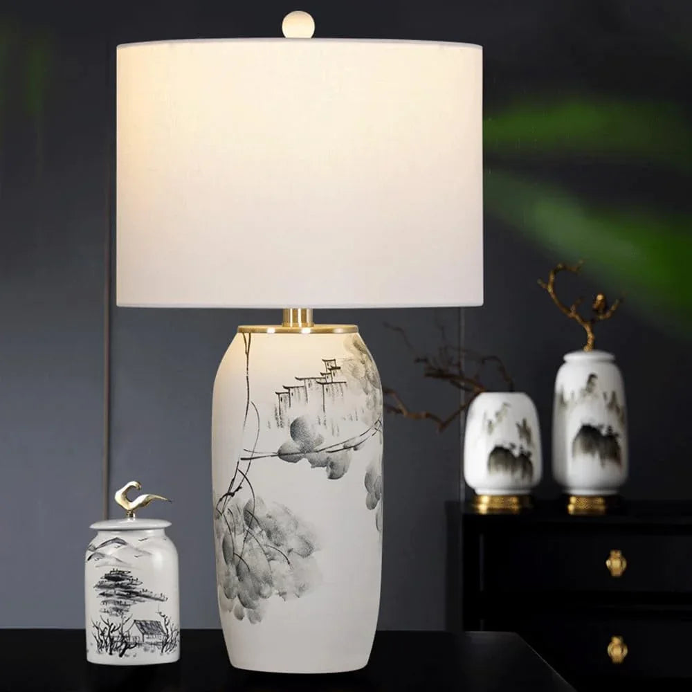 Audara-New Chinese Simple Bedroom Bedside Reading Desk Light Light Luxury Living Room Study Room Model Room Desk Lamp White Fabric Ceramic Table Lamp Coffee Shop Restaurant Showroom Lighting Fixture