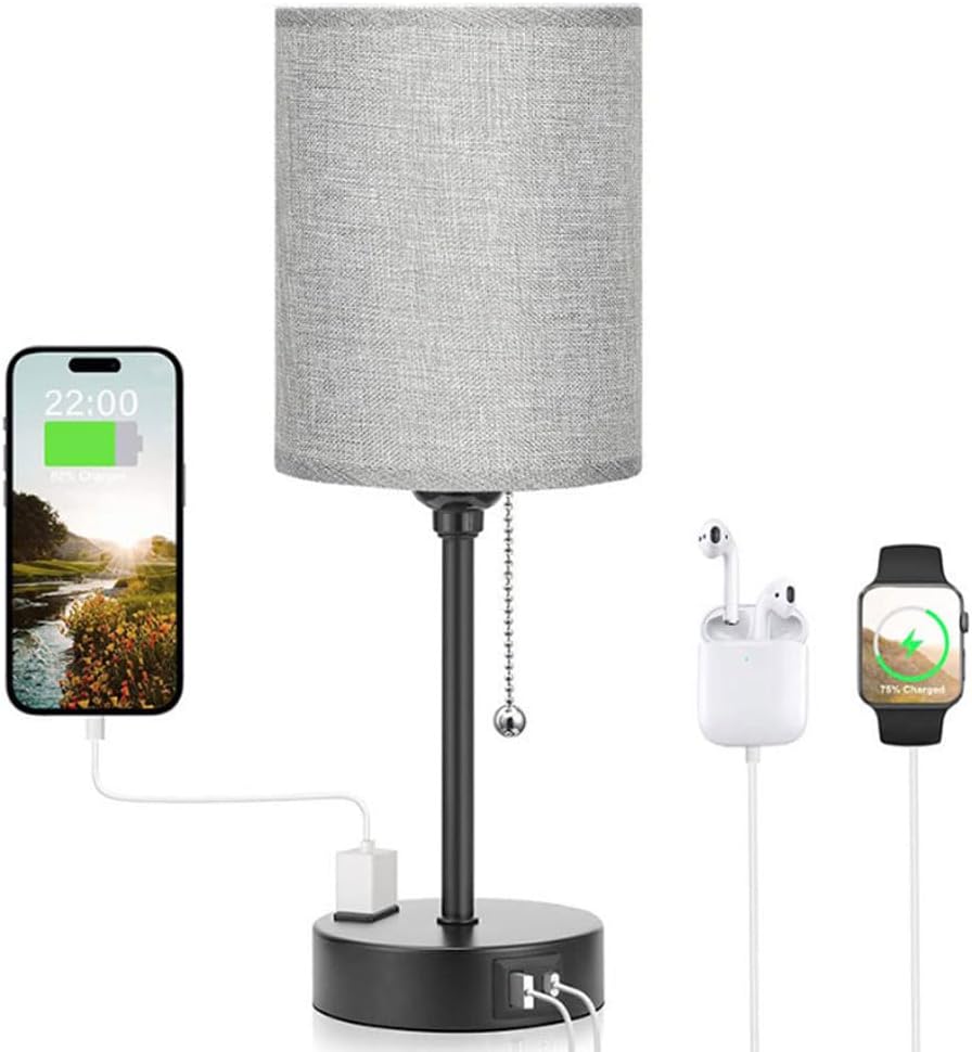 Audara-Modern Simple Bedroom Study Office Desk Light American Style Personalized Zipper Switch 2 USB 1 AC Ports Fabric Desk Lamp Apartment Hotel Decor Table Lamp Living Room Wall Cabinet Lighting Fixture