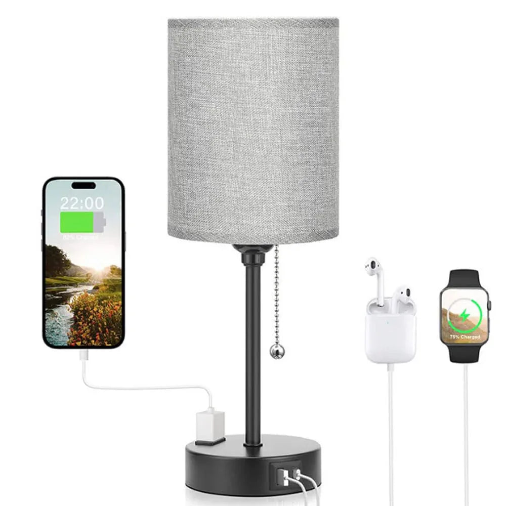 Audara-Modern Simple Bedroom Study Office Desk Light American Style Personalized Zipper Switch 2 USB 1 AC Ports Fabric Desk Lamp Apartment Hotel Decor Table Lamp Living Room Wall Cabinet Lighting Fixture Gray