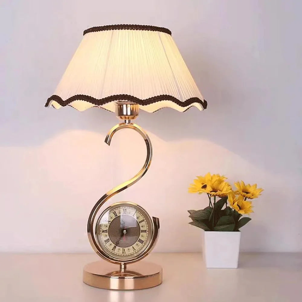 Audara-European Customised With Clock Handmade Fabric Desk Light Classic Luxury Bedroom Bedside Desk Lamp Study Room Living Room Office Table Lamp B&B Hotel Front Desk Coffee Shop Restaurant Lighting Fixture