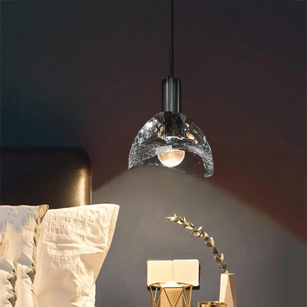 Audara-5-inch Modern Minimalist Crystal Pendant Light, Semi-Circular Mini Glass Chandelier Suitable for Various Spaces Such As Bedrooms, Kitchen Islands, Dining Rooms, Hotels, Bars, and Cafes.
