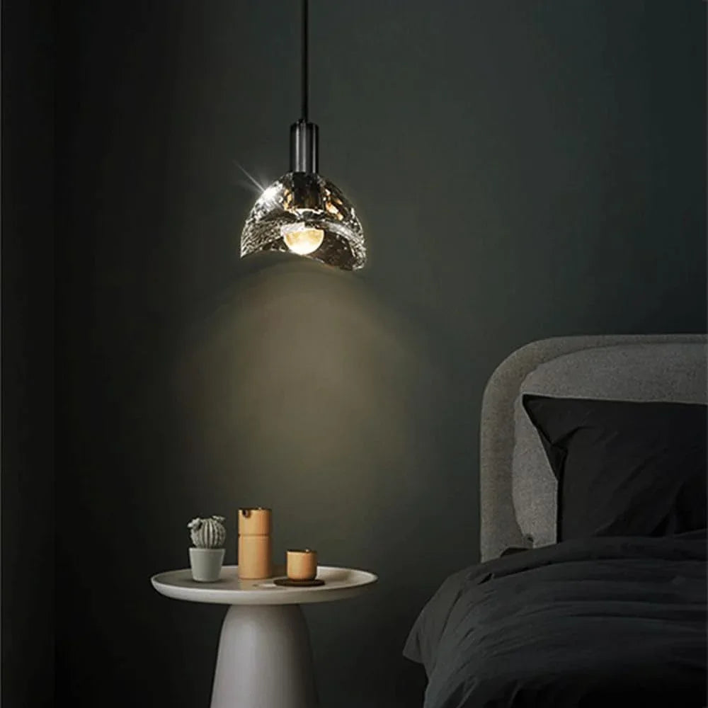 Audara-5-inch Modern Minimalist Crystal Pendant Light, Semi-Circular Mini Glass Chandelier Suitable for Various Spaces Such As Bedrooms, Kitchen Islands, Dining Rooms, Hotels, Bars, and Cafes.