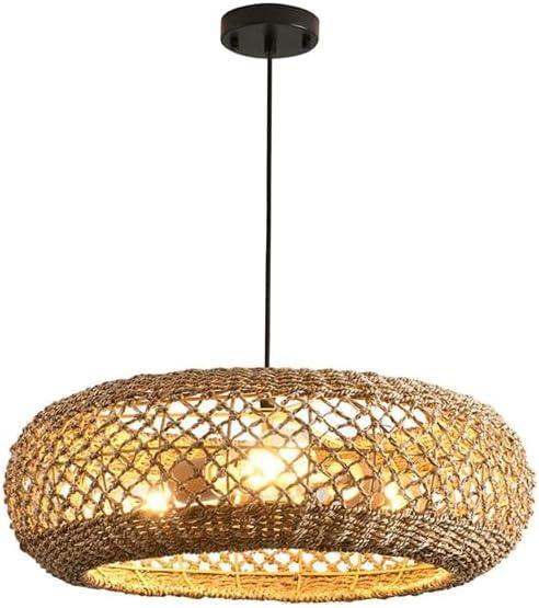 Audara-Chinese Elegant Zen Grass Rattan Color Pendant Light Rattan Round Hanging Lamp E26/E27 Lamp Base Diameter 19.7in Chandeliers For Hallway Stairwell Living Room Bedroom Dining Room Lighting Fixtu