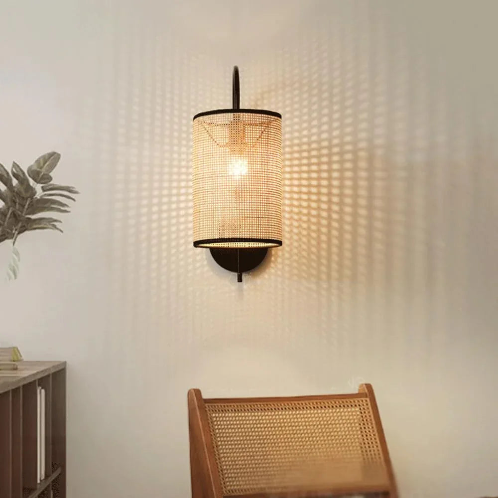 Audara-Bedroom Bedside Hand Woven Wall Lamp Wabi-sabi Style Vintage Rattan Wall Lights Living Room Backdrop Ambiance Sconces Aisle Hallway Single Head Mounted Lighting Fixture
