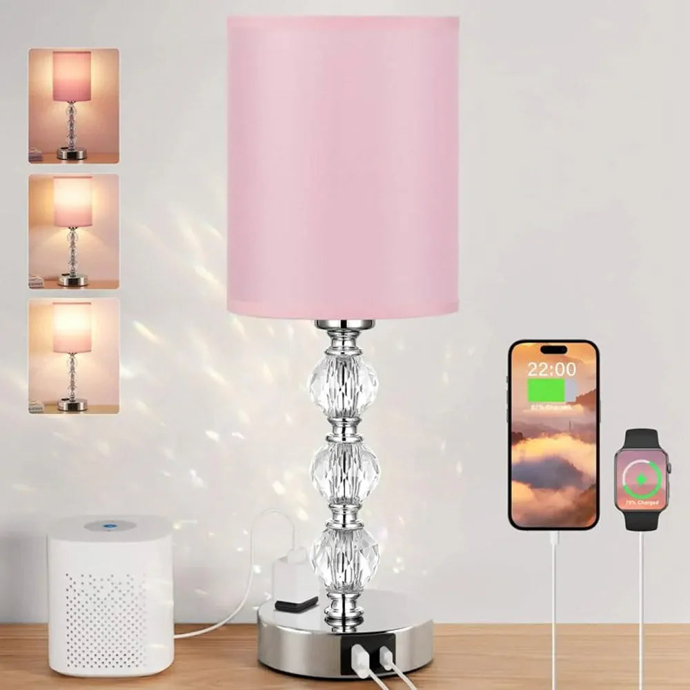 Audara-Luxury Creative Touch Switch with 2 USB/1 AC Charging Port Fabric Metal Desk Light Study Room Bedroom Bedside Desk Lamp Three Dimming Office Table Lamp Dormitory Apartment Lighting Fixture