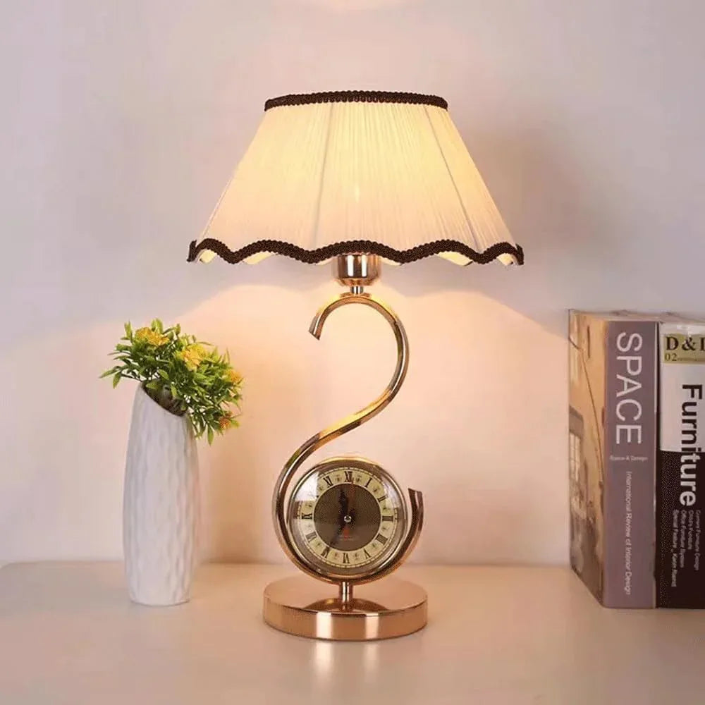 Audara-European Customised With Clock Handmade Fabric Desk Light Classic Luxury Bedroom Bedside Desk Lamp Study Room Living Room Office Table Lamp B&B Hotel Front Desk Coffee Shop Restaurant Lighting Fixture