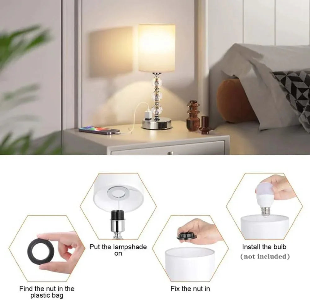 Audara-Luxury Creative Touch Switch with 2 USB/1 AC Charging Port Fabric Metal Desk Light Study Room Bedroom Bedside Desk Lamp Three Dimming Office Table Lamp Dormitory Apartment Lighting Fixture