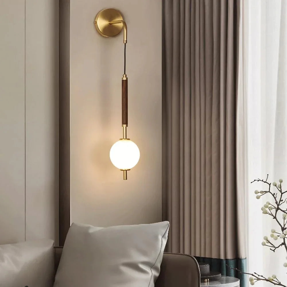 Audara-Bedroom Bedside Wall Lamp Light Luxury Living Room Walnut Wall Lights Simple New Chinese All Copper Sconces Living Room Background Wall Modern Mounted Lighting Fixture