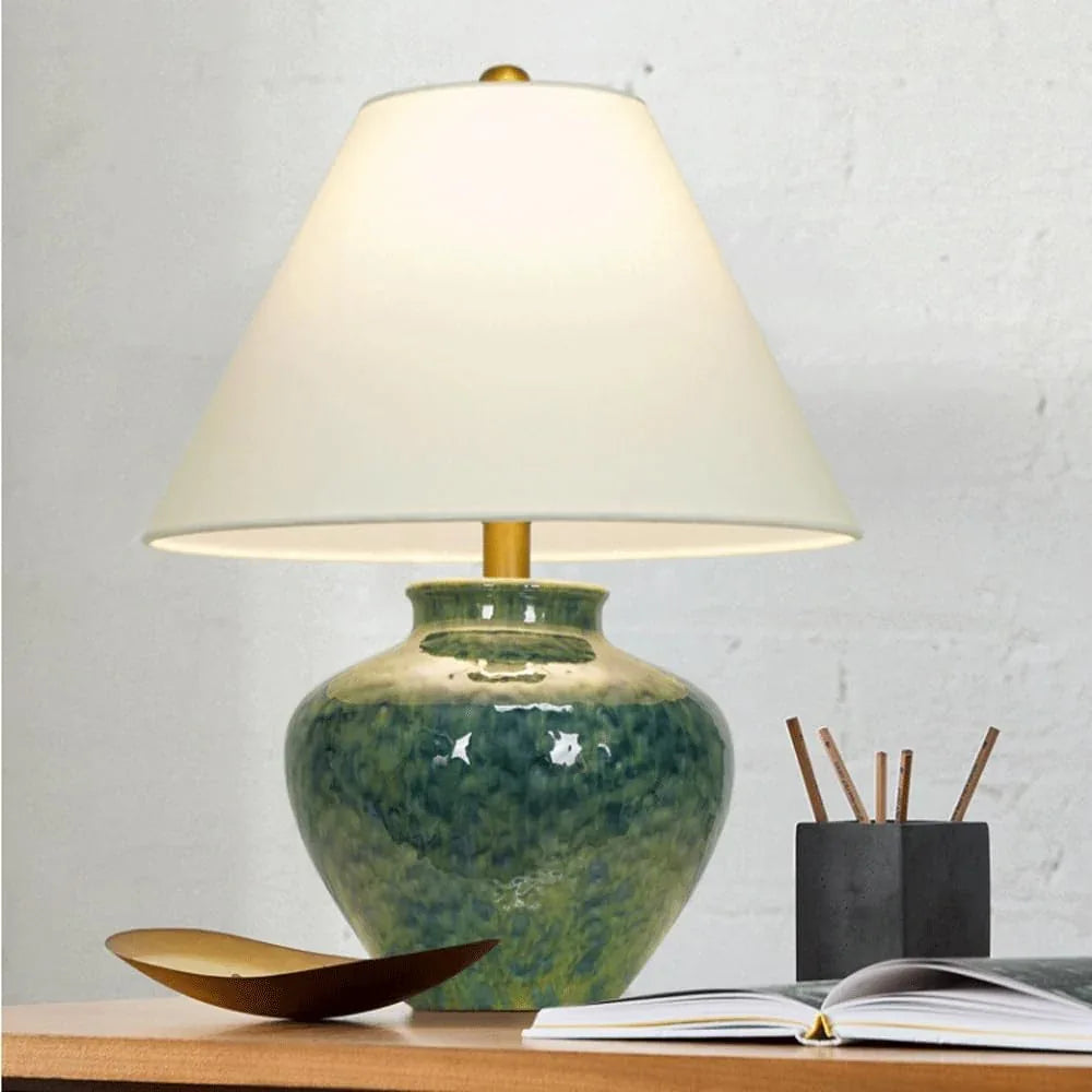 Audara-Wabi-sabi Wind Cloth Green Ceramic Desk Light New Chinese Tea House Study Office Desk Lamp Elegant Living Room Bedroom Bedside Table Lamp B&B Club Mall Villa Lighting Fixture