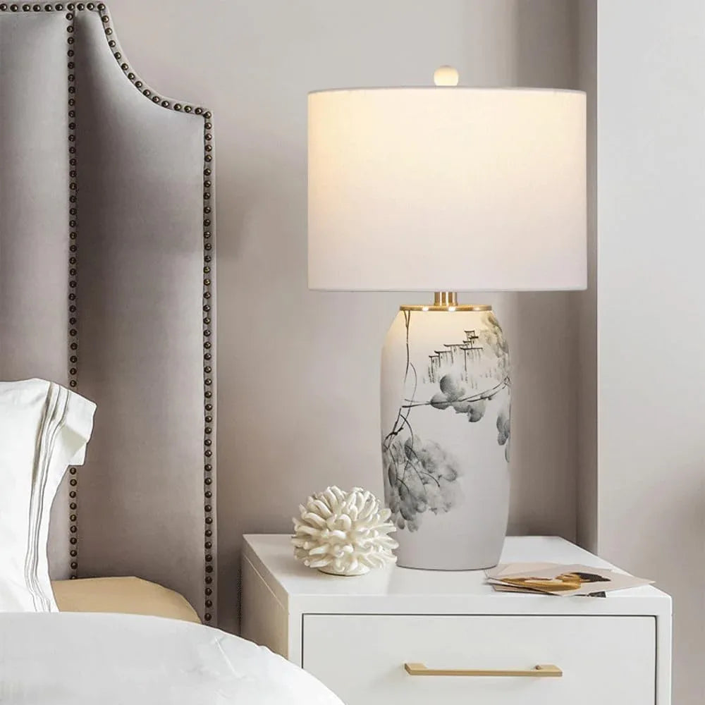 Audara-New Chinese Simple Bedroom Bedside Reading Desk Light Light Luxury Living Room Study Room Model Room Desk Lamp White Fabric Ceramic Table Lamp Coffee Shop Restaurant Showroom Lighting Fixture