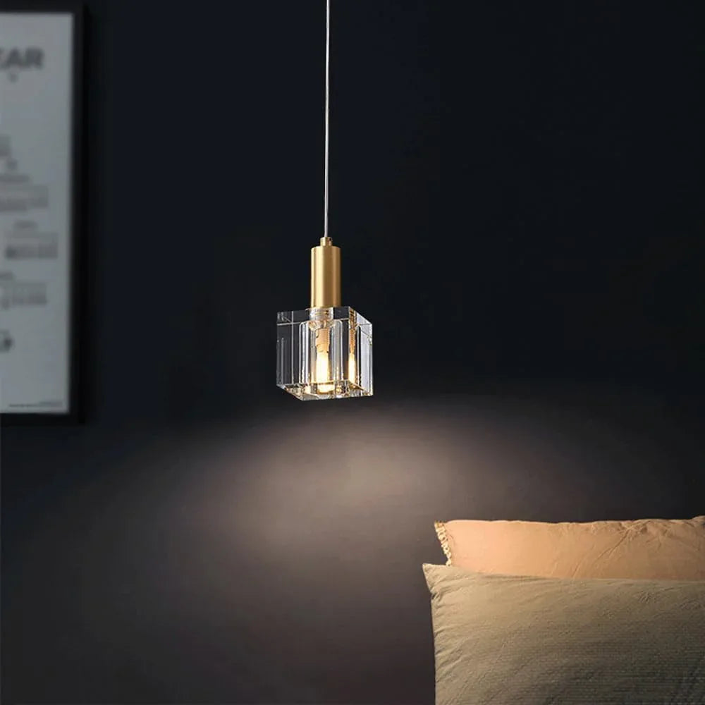 Audara-5-inch Modern Minimalist Crystal Pendant Light, Mini Square Glass Chandelier Suitable for Various Spaces Such As Bedrooms, Kitchen Islands, Dining Rooms, Hotels, Bars, and Cafes