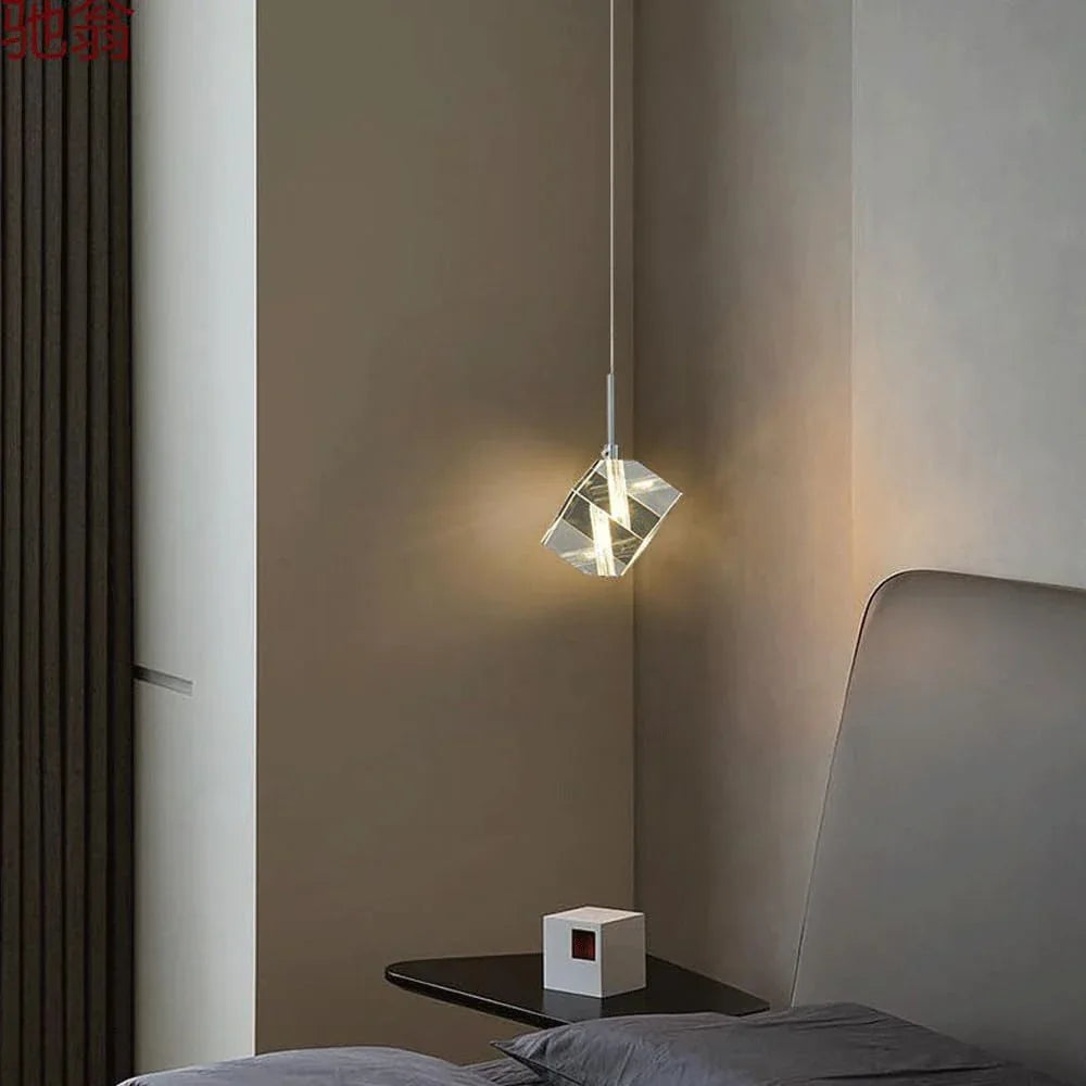 Audara-Crystal Pendant Light, 3.15 Inches, Three Colors Available, Cube Shape, A Modern Small Bedside Lamp Suitable for Bedrooms, Hotels, Restaurants, Kitchen Islands, and Other Spaces.
