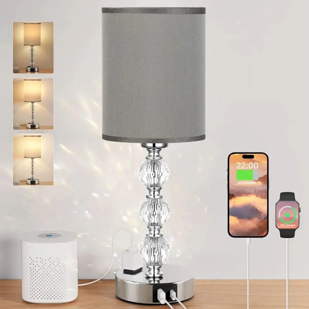 Audara-Luxury Creative Touch Switch with 2 USB/1 AC Charging Port Fabric Metal Desk Light Study Room Bedroom Bedside Desk Lamp Three Dimming Office Table Lamp Dormitory Apartment Lighting Fixture Dark Gray