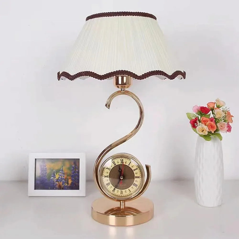 Audara-European Customised With Clock Handmade Fabric Desk Light Classic Luxury Bedroom Bedside Desk Lamp Study Room Living Room Office Table Lamp B&B Hotel Front Desk Coffee Shop Restaurant Lighting Fixture