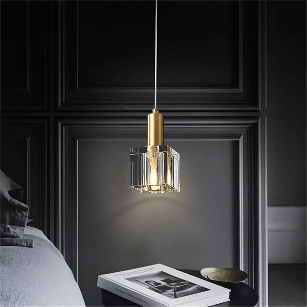 Audara-5-inch Modern Minimalist Crystal Pendant Light, Mini Square Glass Chandelier Suitable for Various Spaces Such As Bedrooms, Kitchen Islands, Dining Rooms, Hotels, Bars, and Cafes