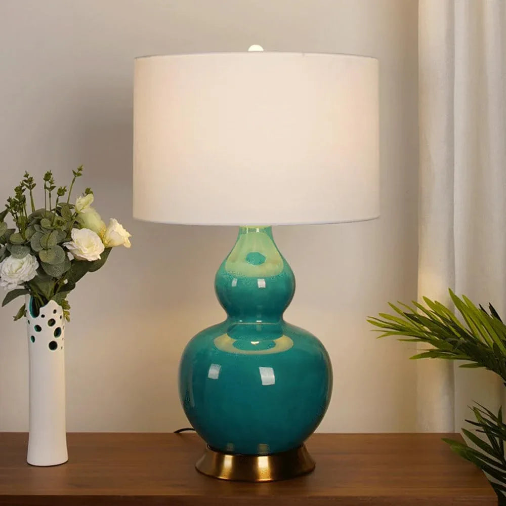 Audara-American White Fabric Gourd Shaped Ceramic Desk Light New Chinese Zen Living Room Study Tea House Desk Lamp Club Coffee Shop B&B Table Lamp Bedroom Bedroom Sample Room Lighting Fixture