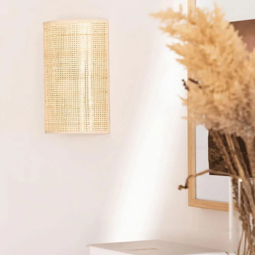Audara-Modern Simple Wall Lamp Japanese Log Style Rattan Wall Lights Hand-Woven Bedroom B&B Bedside Sconces Entryway Aisle Corridor Decorative Mounted Lighting Fixture