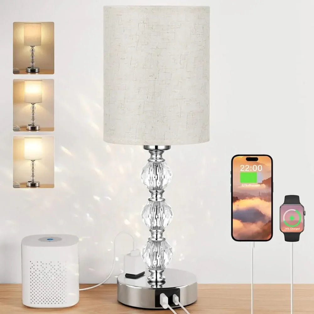 Audara-Luxury Creative Touch Switch with 2 USB/1 AC Charging Port Fabric Metal Desk Light Study Room Bedroom Bedside Desk Lamp Three Dimming Office Table Lamp Dormitory Apartment Lighting Fixture