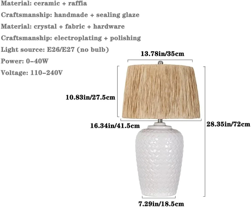 Audara-Wabi-sabi Style Living Room Bedroom Bedside Desk Light Luxury Zen Raffia White Ceramic Desk Lamp Study Couch Side Counter Table Lamp B&B Villa Farmhouse Lighting Fixture