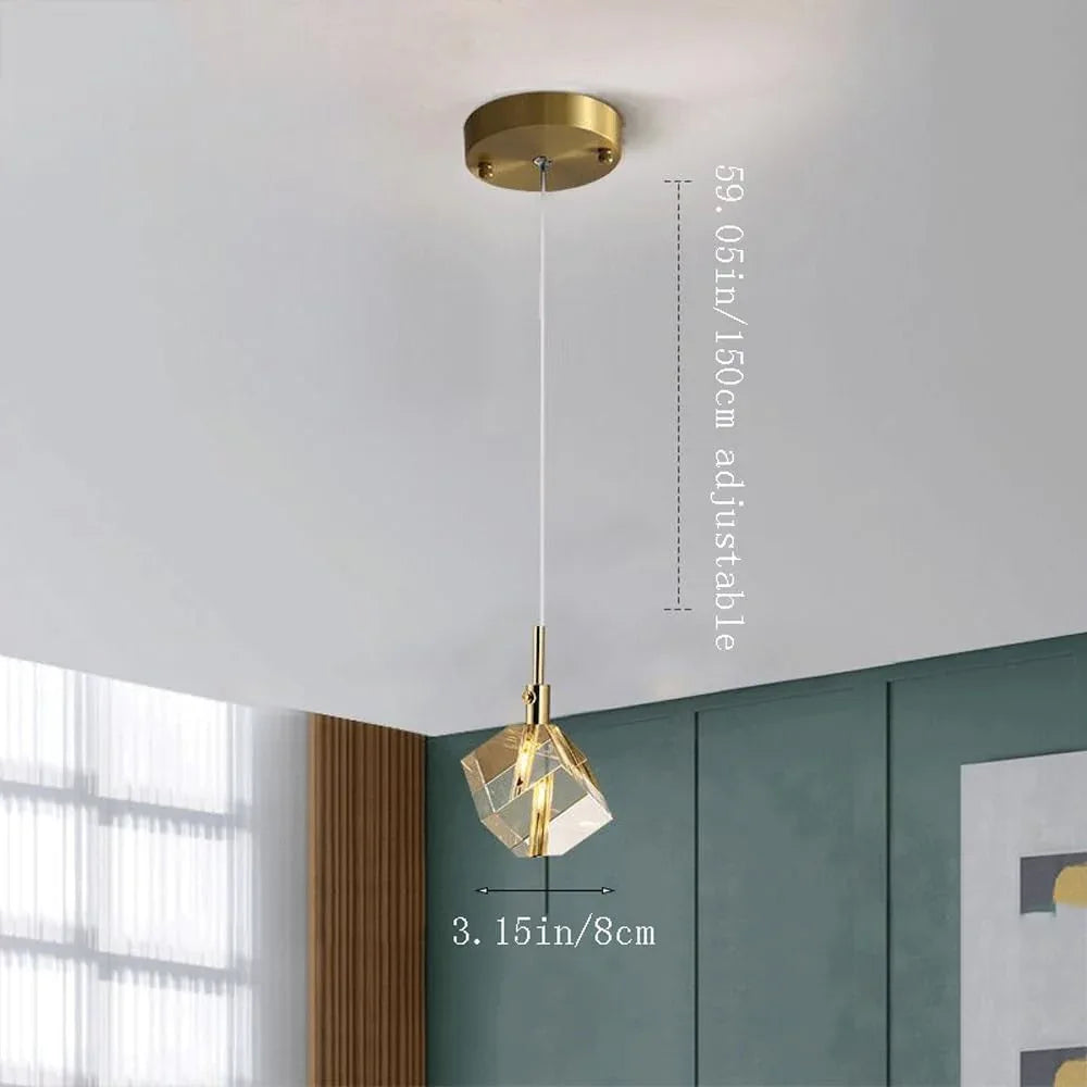 Audara-Crystal Pendant Light, 3.15 Inches, Three Colors Available, Cube Shape, A Modern Small Bedside Lamp Suitable for Bedrooms, Hotels, Restaurants, Kitchen Islands, and Other Spaces.