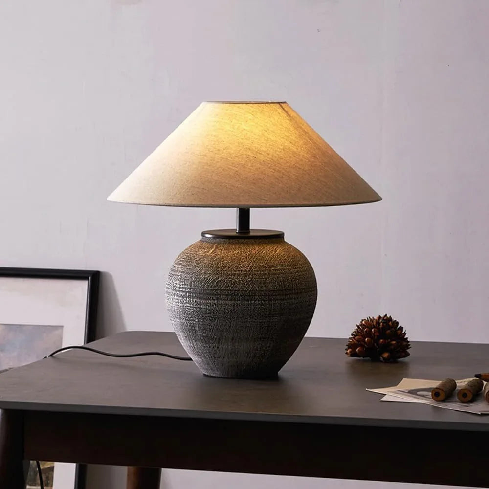 Audara-Vintage Wabi-sabi Style Living Room Bedroom Bedside Desk Light Natural Classic Fabric Pottery Jar Desk Lamp Club Dining Room Villa Table Lamp Coffee Shop Hotel Front Desk Rustic Lighting Fixture