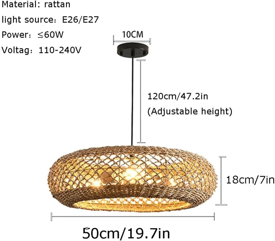 Audara-Lustre suspendu rond en rotin, couleur rotin, style zen élégant chinois, douille E26/E27, diamètre 50 cm, pour couloir, escalier, salon, chambre à coucher, salle à manger