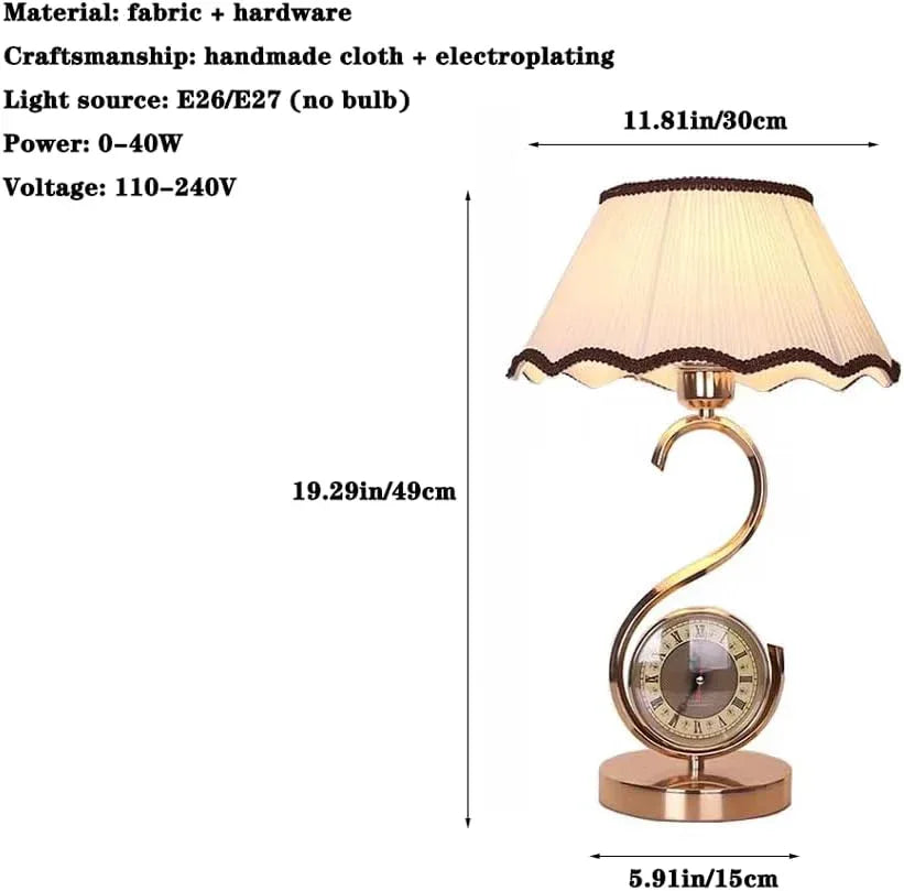 Audara-European Customised With Clock Handmade Fabric Desk Light Classic Luxury Bedroom Bedside Desk Lamp Study Room Living Room Office Table Lamp B&B Hotel Front Desk Coffee Shop Restaurant Lighting Fixture