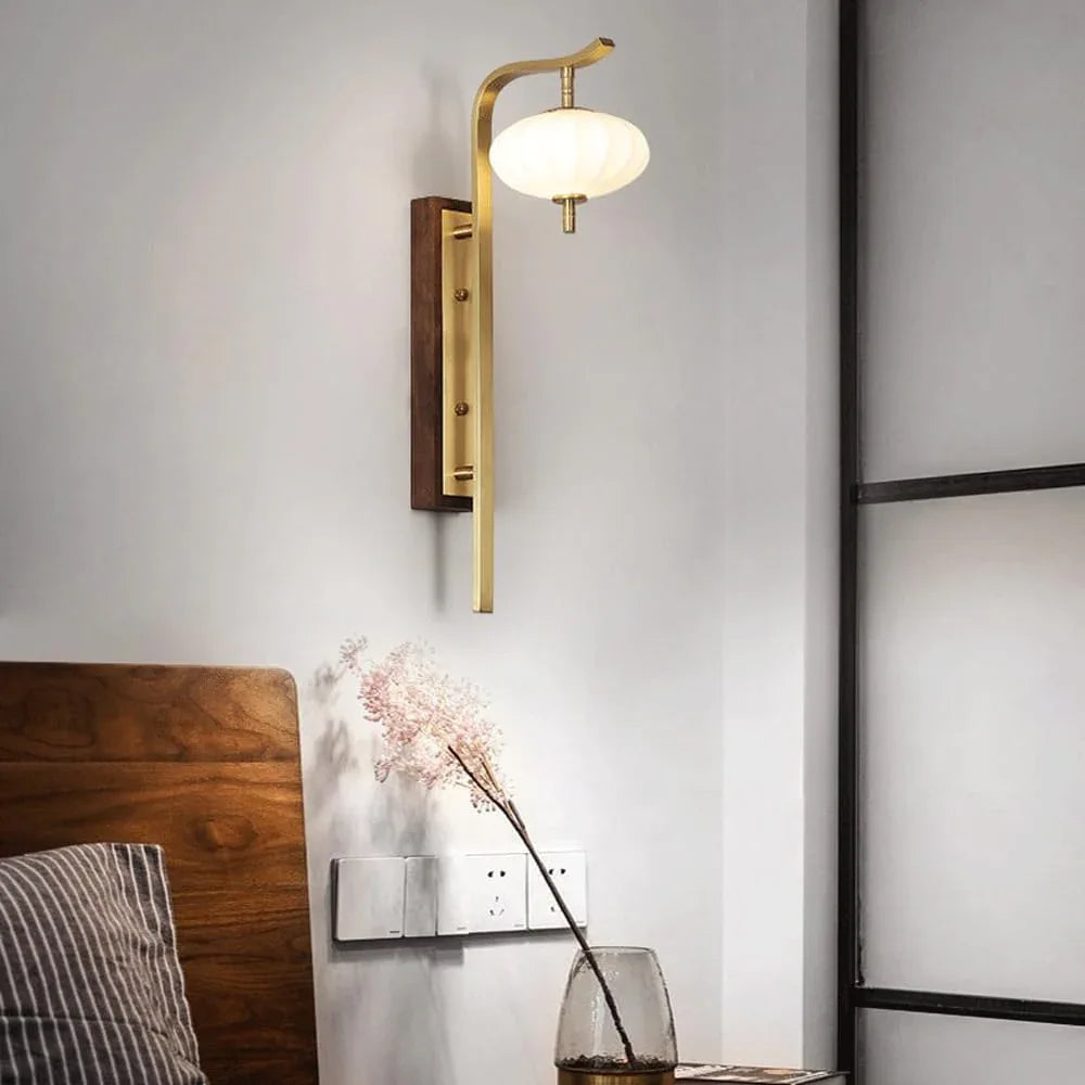 Audara-New Chinese Style Full Copper Wall Lamp Light Luxury Living Room Background Wall Lights Creative Walnut Sconces Bedroom Bedside Decoration Mounted Lighting Fixture