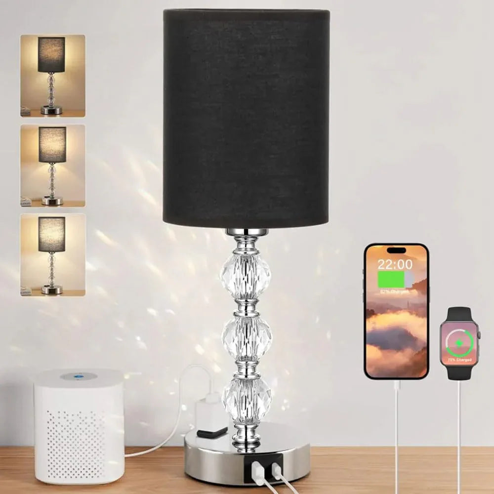 Audara-Luxury Creative Touch Switch with 2 USB/1 AC Charging Port Fabric Metal Desk Light Study Room Bedroom Bedside Desk Lamp Three Dimming Office Table Lamp Dormitory Apartment Lighting Fixture Dark