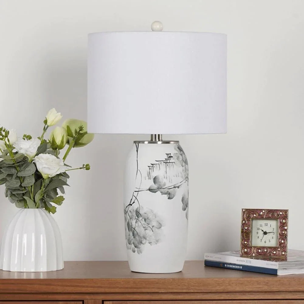 Audara-New Chinese Simple Bedroom Bedside Reading Desk Light Light Luxury Living Room Study Room Model Room Desk Lamp White Fabric Ceramic Table Lamp Coffee Shop Restaurant Showroom Lighting Fixture